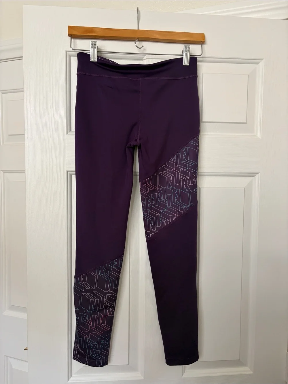 Nike Purple Girls' Leggings with Geometric Panel and Neon Swoosh